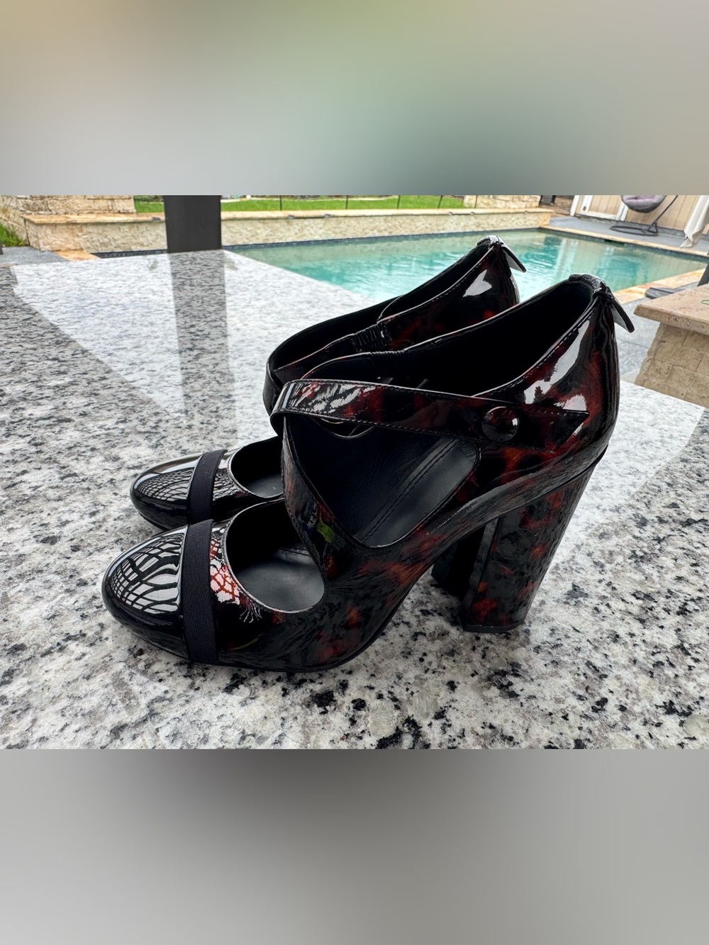 Tory Burch Black Patent Mary Jane Heels with Dark Red Tortoiseshell
